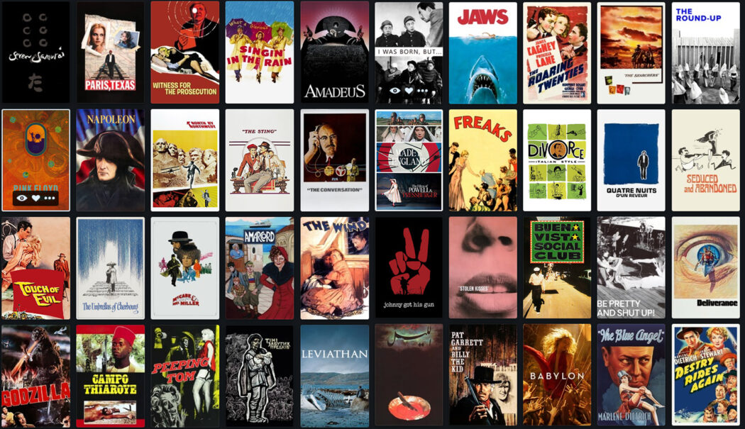 An array of film posters laid out in a grid on a website